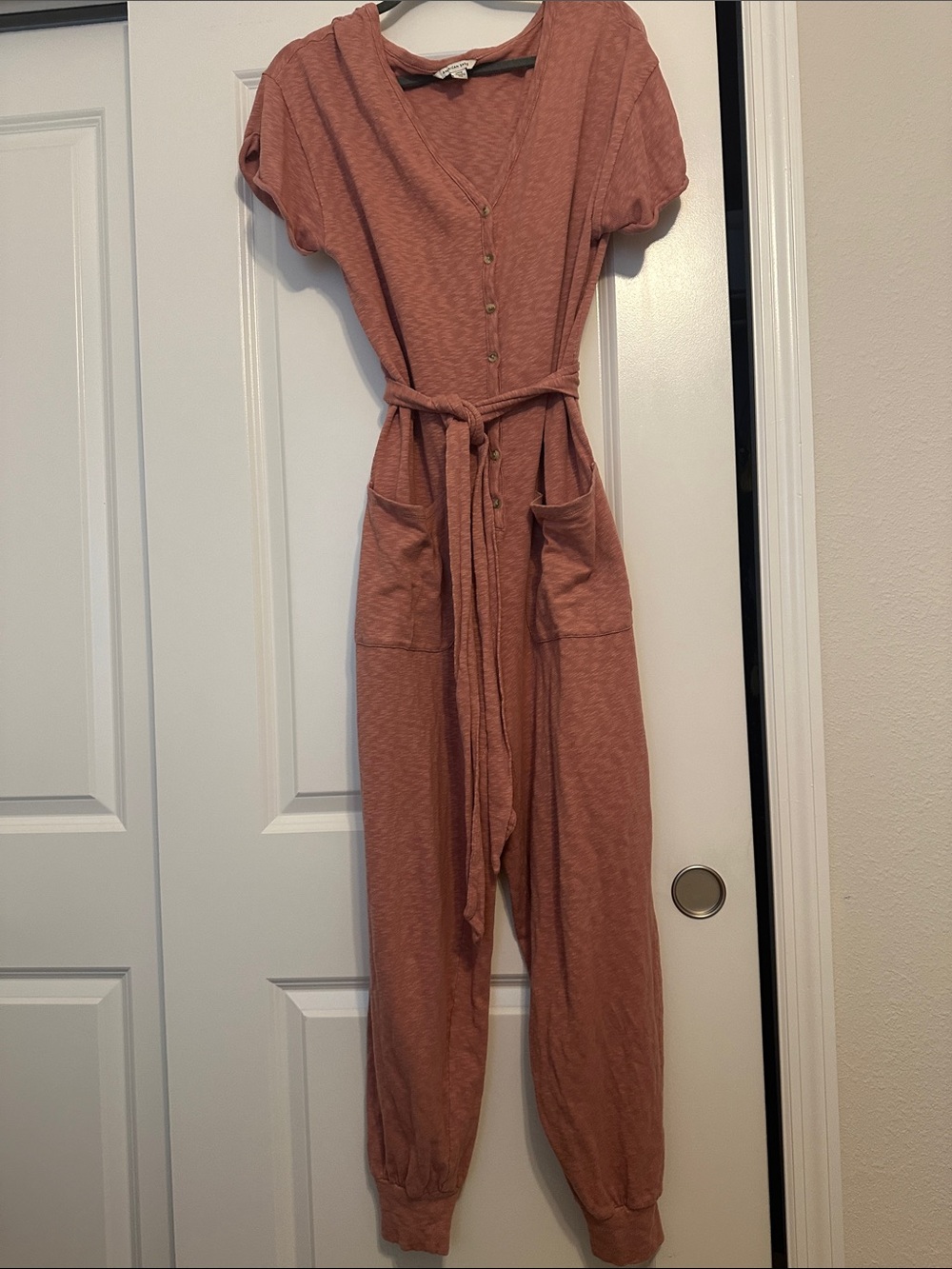 American Eagle Outfitters Rust Button-Front Jumpsuit with Tie Waist